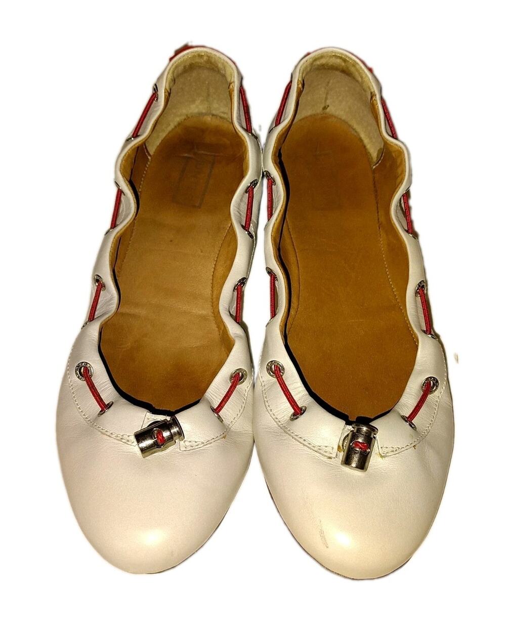 Hunter Leather Cinch Ballet Flats White Red Accent Size 8